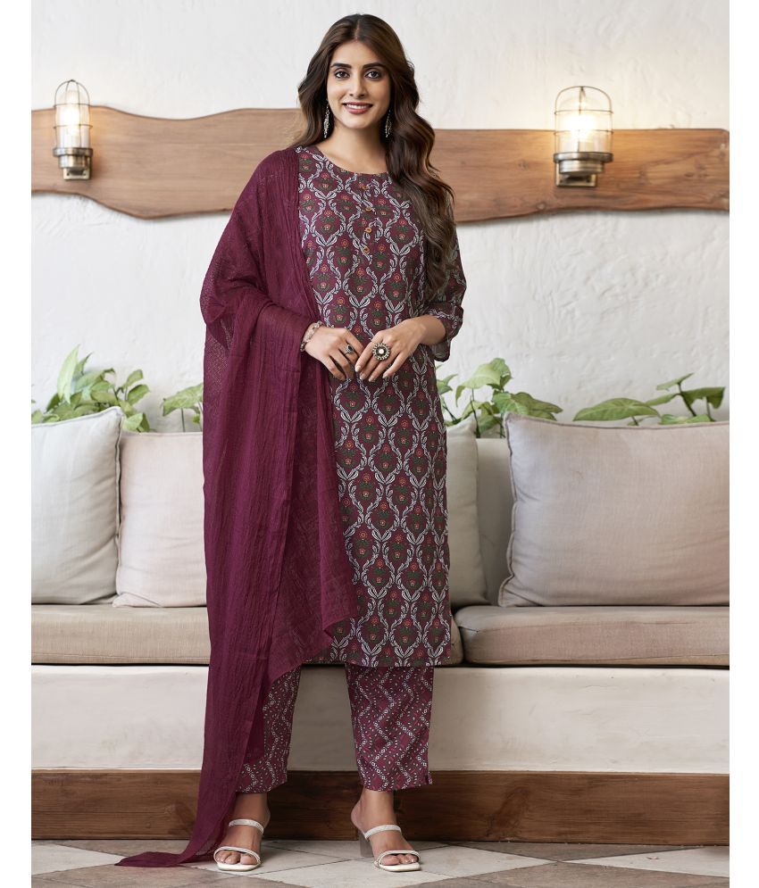     			Skylee Rayon Printed Kurti With Pants Women's Stitched Salwar Suit - Maroon ( Pack of 1 )