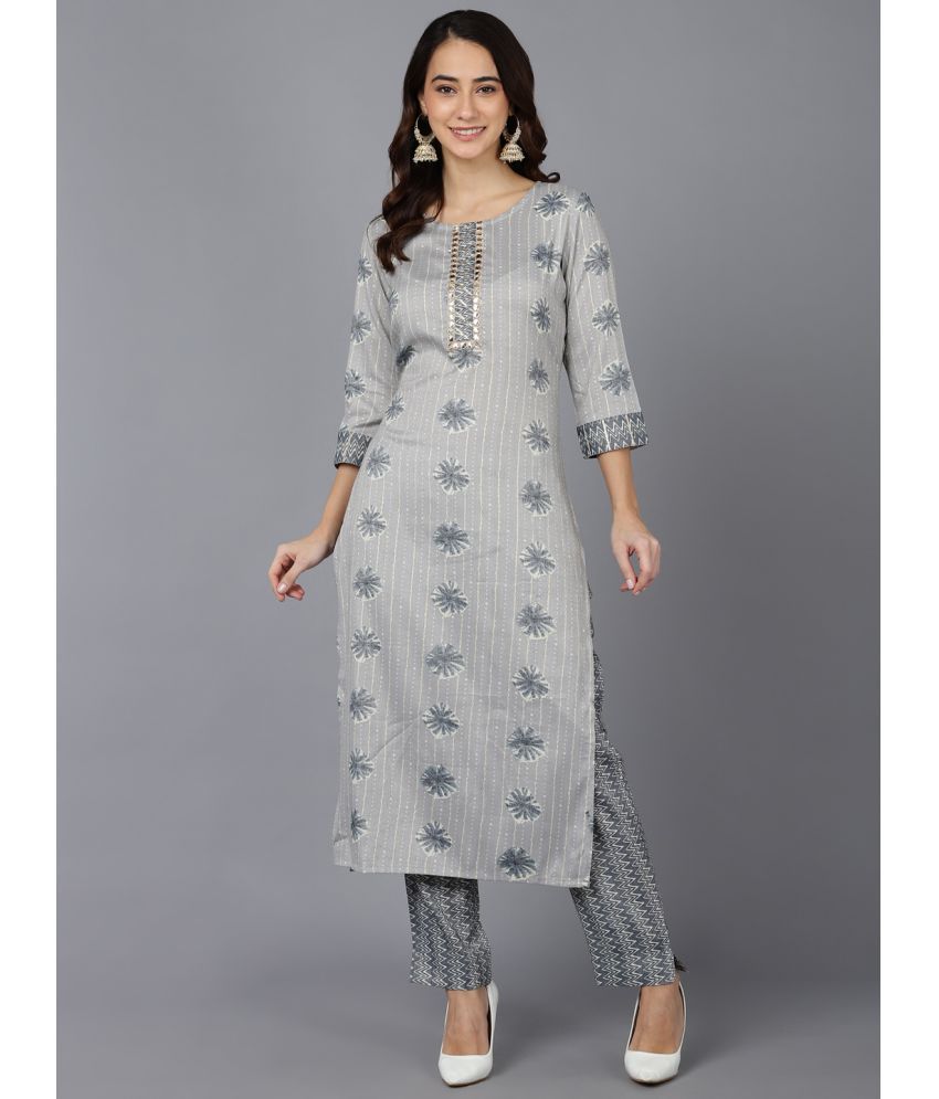     			Vaamsi Cotton Blend Printed Kurti With Pants Women's Stitched Salwar Suit - Grey ( Pack of 1 )