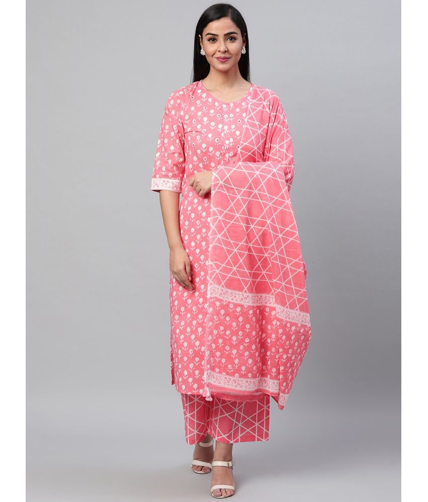     			Vaamsi Cotton Printed Kurti With Palazzo Women's Stitched Salwar Suit - Pink ( Pack of 1 )