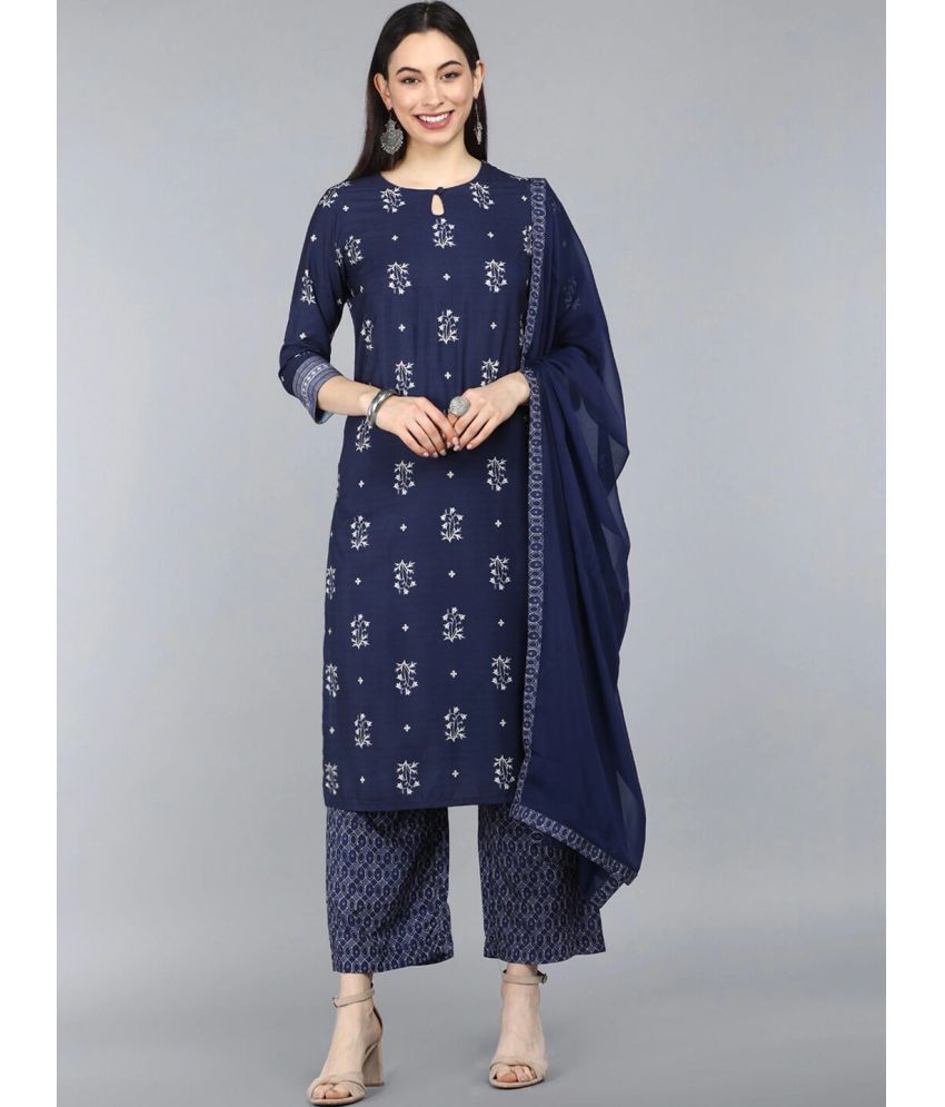     			Vaamsi Crepe Printed Kurti With Palazzo Women's Stitched Salwar Suit - Navy Blue ( Pack of 1 )