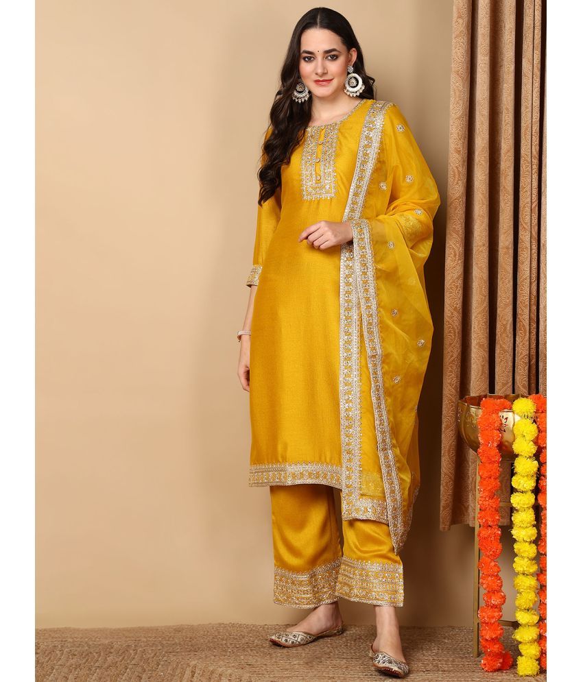     			Vaamsi Silk Blend Embroidered Kurti With Pants Women's Stitched Salwar Suit - Yellow ( Pack of 1 )