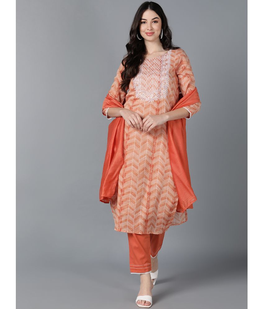     			Vaamsi Silk Embroidered Kurti With Pants Women's Stitched Salwar Suit - Orange ( Pack of 1 )