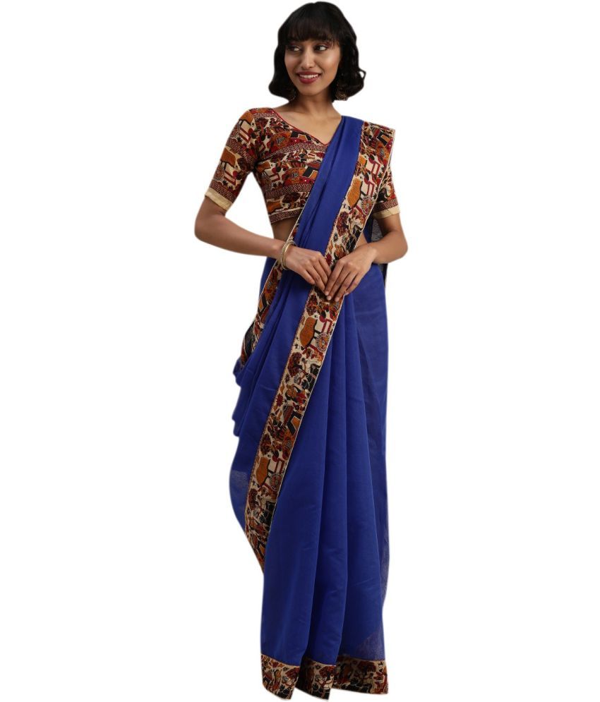     			Vkaran Cotton Silk Applique Saree Without Blouse Piece - Blue ( Pack of 1 )