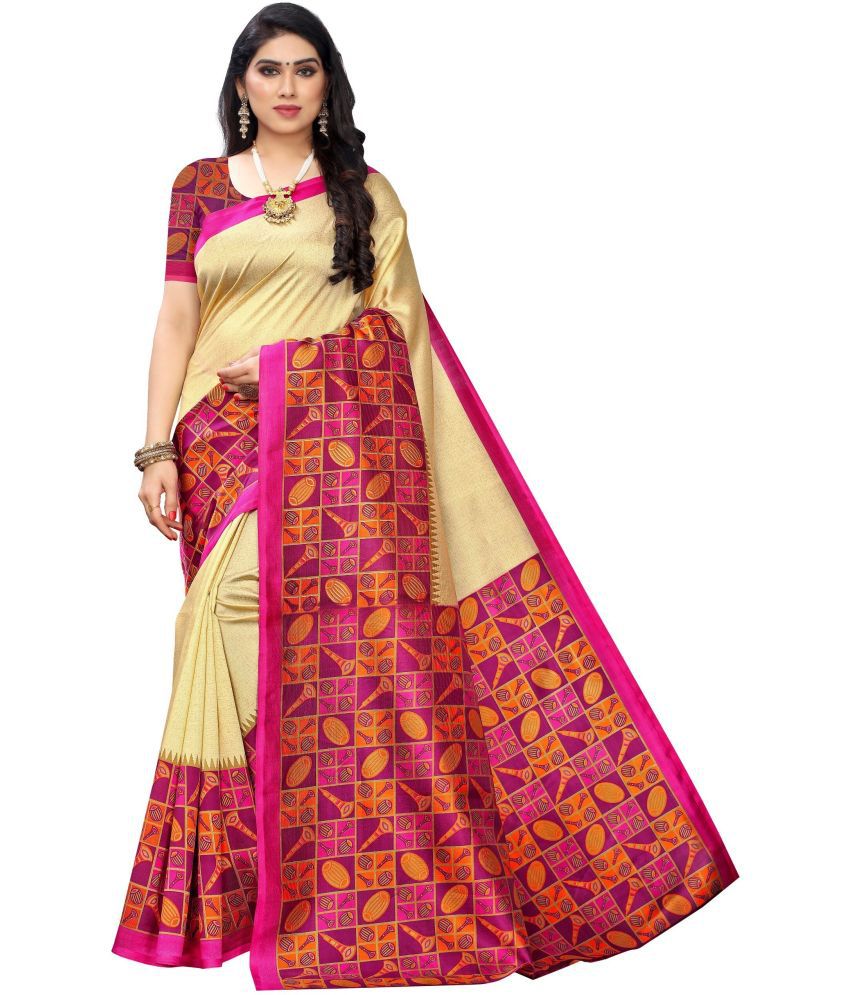     			Vkaran Cotton Silk Printed Saree Without Blouse Piece - Pink ( Pack of 1 )