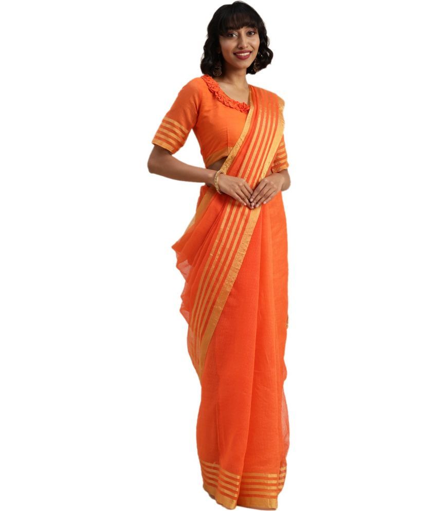     			Vkaran Cotton Silk Printed Saree Without Blouse Piece - Orange ( Pack of 1 )