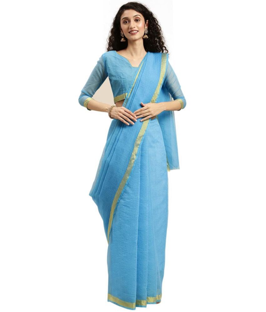     			Vkaran Cotton Silk Self Design Saree Without Blouse Piece - Blue ( Pack of 1 )