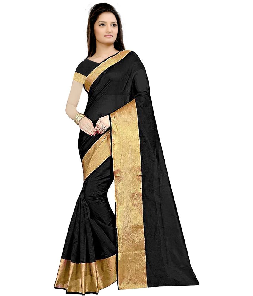     			Vkaran Cotton Silk Solid Saree Without Blouse Piece - Black ( Pack of 1 )