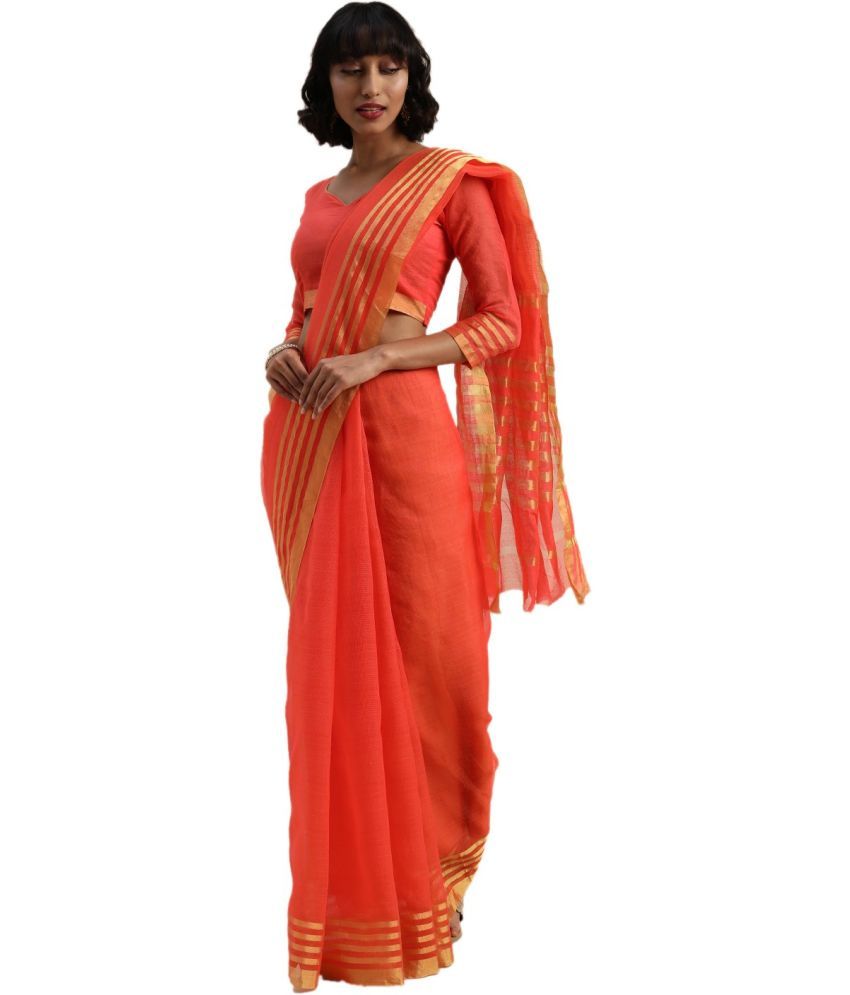     			Vkaran Cotton Silk Woven Saree Without Blouse Piece - Orange ( Pack of 1 )