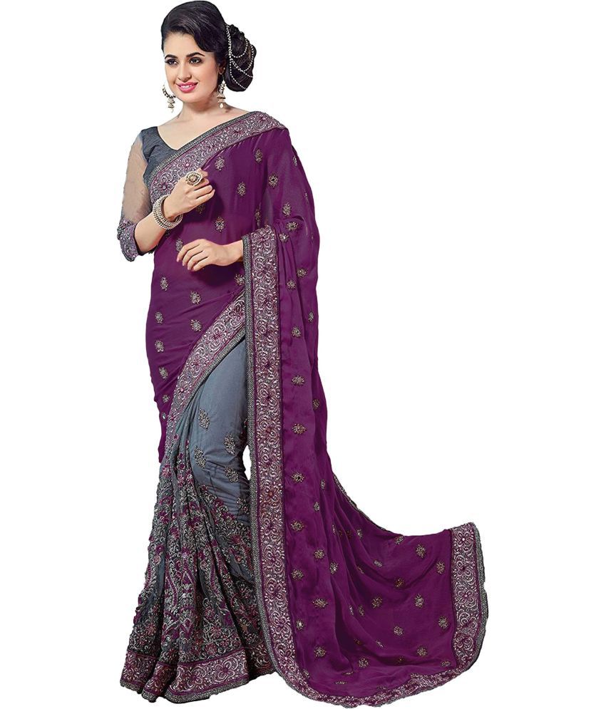     			kedar fab Silk Blend Embroidered Saree With Blouse Piece - Purple ( Pack of 1 )