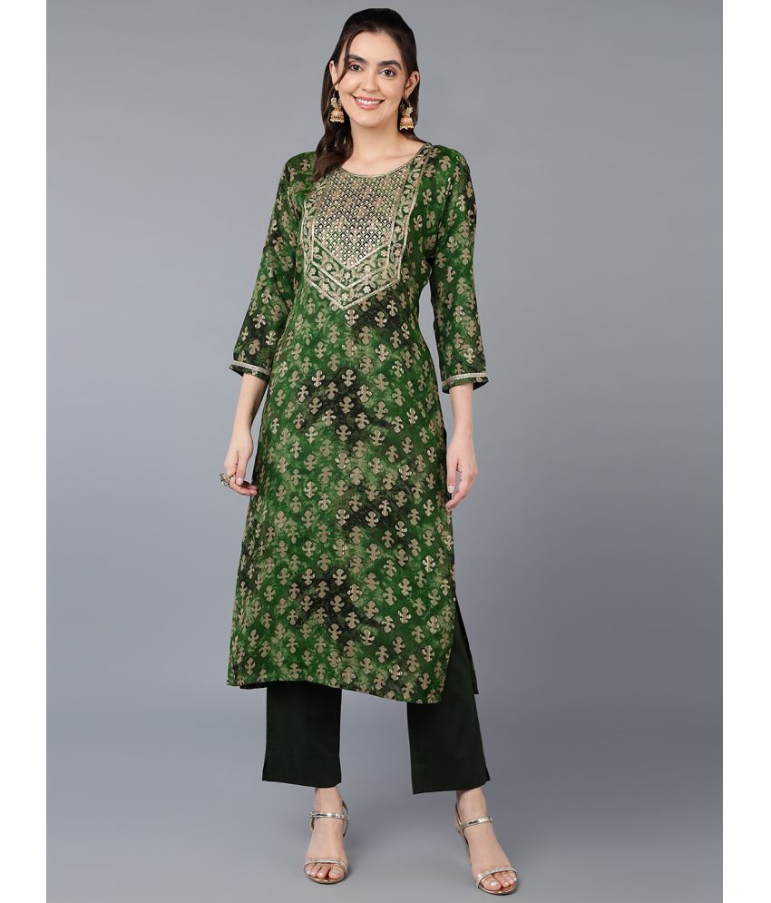     			Vaamsi Cotton Blend Embroidered Straight Women's Kurti - Green ( Pack of 1 )