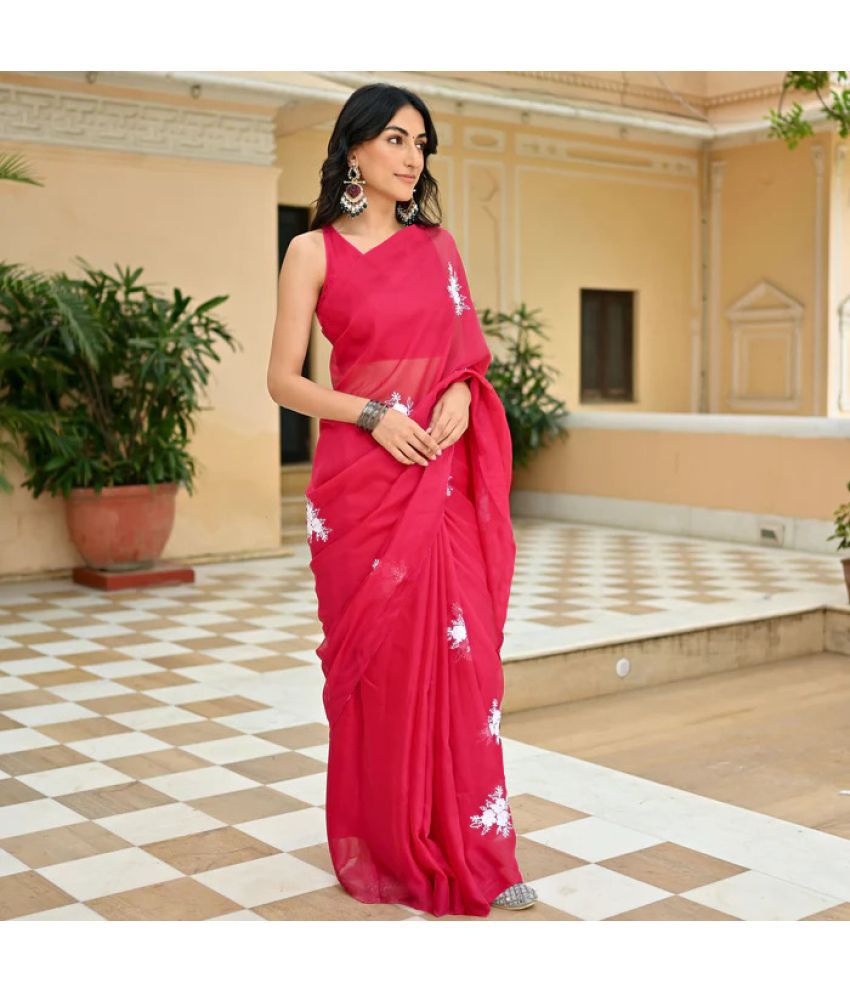     			kedar fab Georgette Embroidered Saree With Blouse Piece - Red ( Pack of 1 )