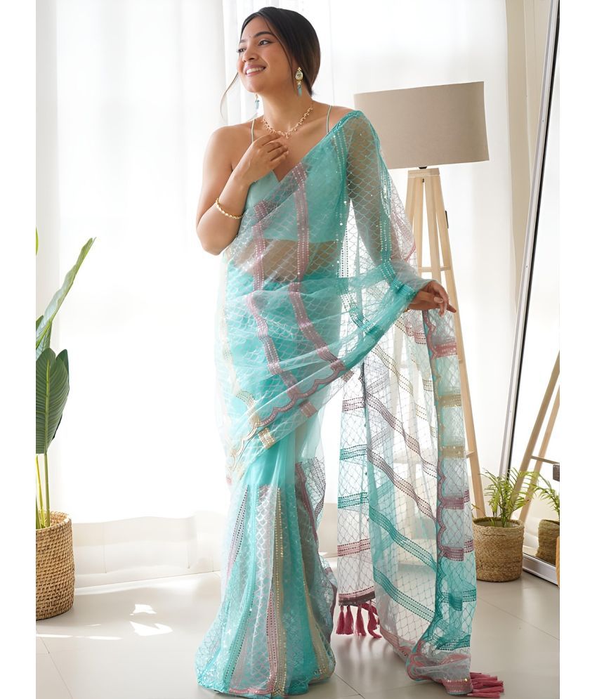     			kedar fab Net Embroidered Saree With Blouse Piece - SkyBlue ( Pack of 1 )
