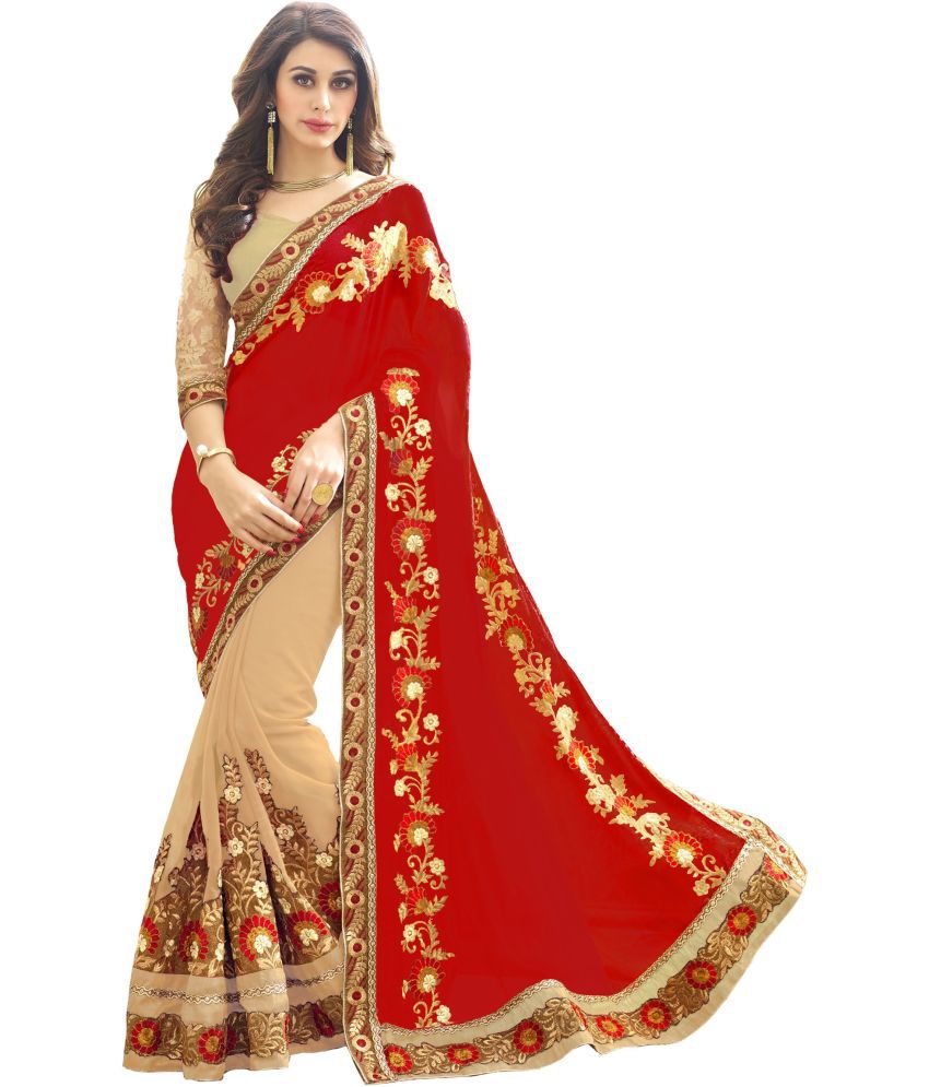     			kedar fab Silk Blend Embroidered Saree With Blouse Piece - Red ( Pack of 1 )