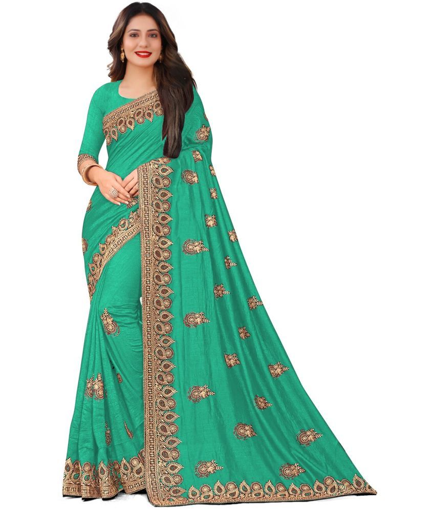     			kedar fab Silk Blend Embroidered Saree With Blouse Piece - Teal ( Pack of 1 )