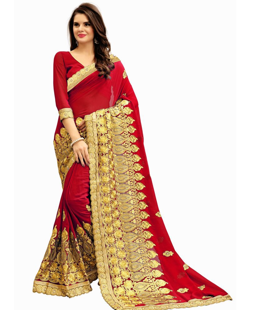     			kedar fab Silk Blend Embroidered Saree With Blouse Piece - Red ( Pack of 1 )