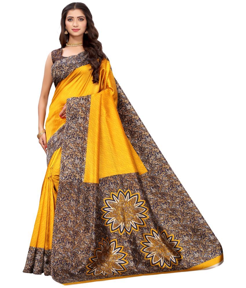     			Aadvika Art Silk Printed Saree With Blouse Piece - Yellow ( Pack of 1 )