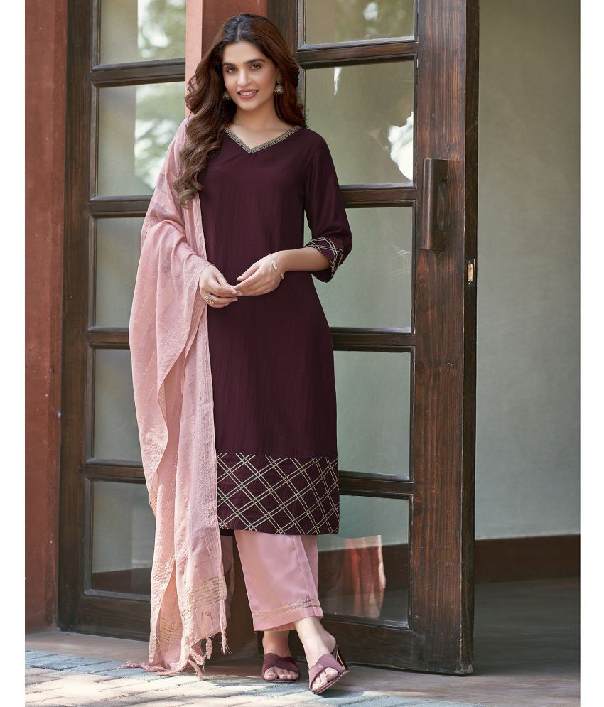     			Skylee Chiffon Embellished Kurti With Pants Women's Stitched Salwar Suit - Maroon ( Pack of 1 )