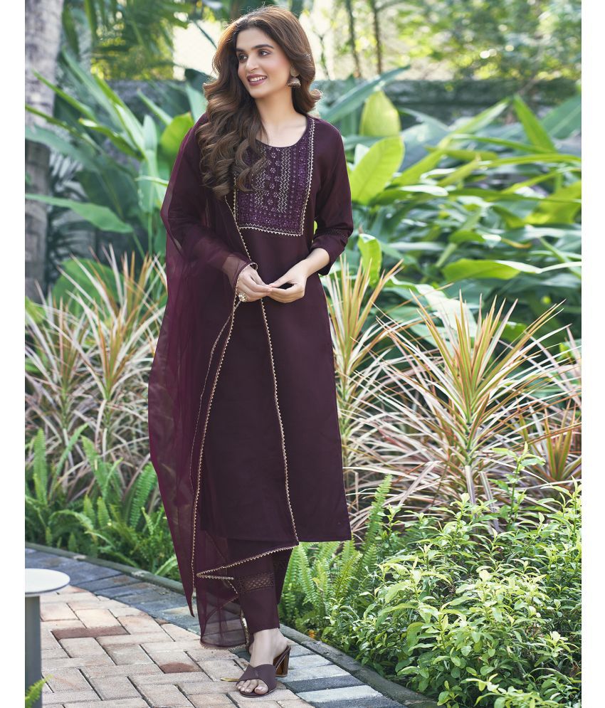     			Skylee Chiffon Embroidered Kurti With Pants Women's Stitched Salwar Suit - Wine ( Pack of 1 )