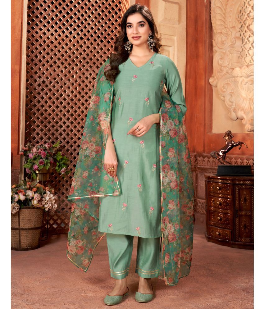     			Skylee Cotton Blend Embroidered Kurti With Pants Women's Stitched Salwar Suit - Sea Green ( Pack of 1 )