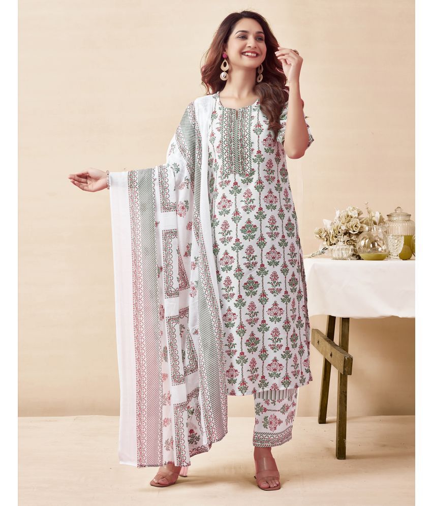     			Skylee Cotton Blend Printed Kurti With Pants Women's Stitched Salwar Suit - White ( Pack of 1 )