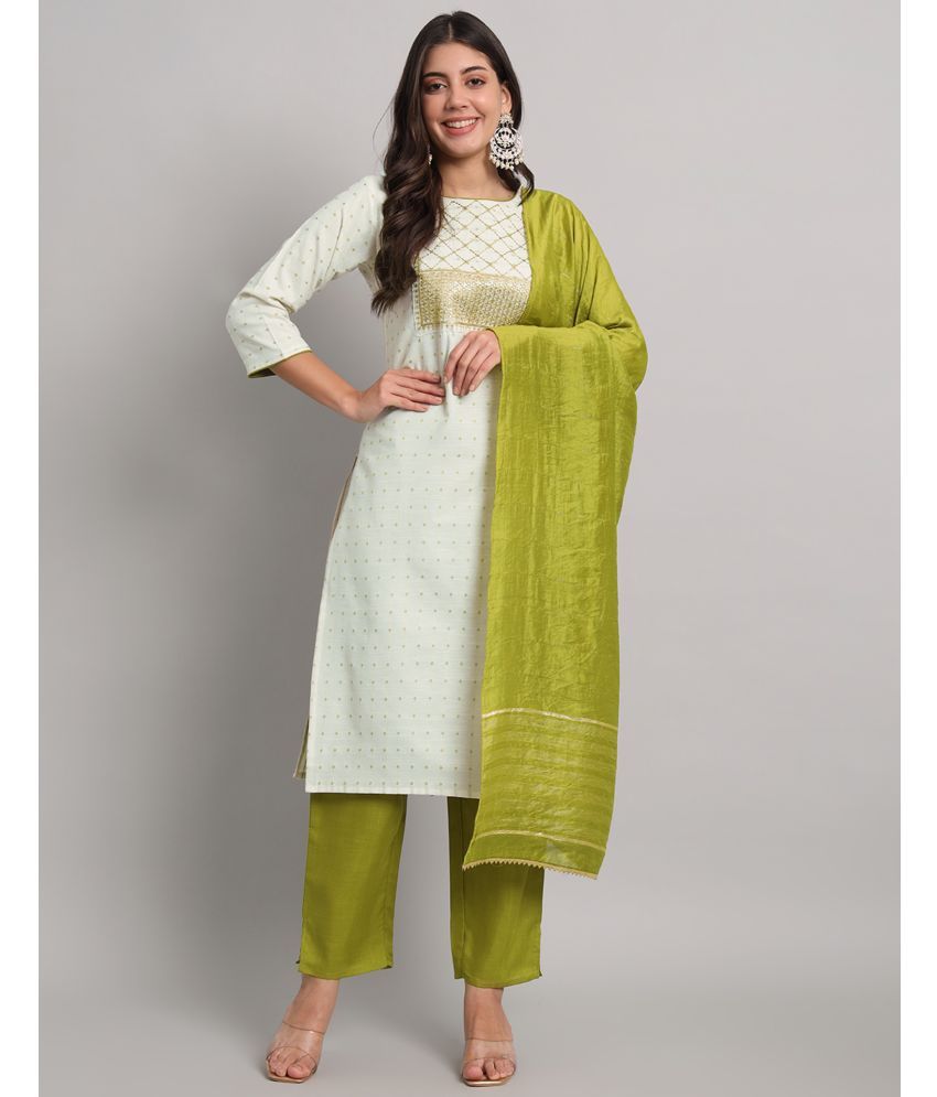     			Skylee Cotton Embroidered Kurti With Pants Women's Stitched Salwar Suit - Cream ( Pack of 1 )