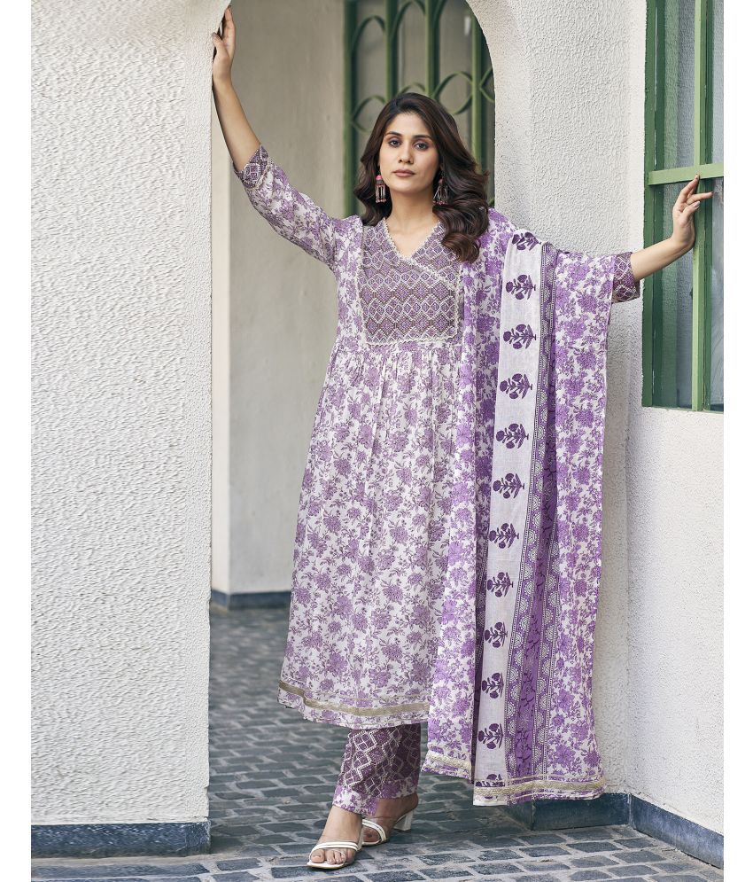     			Skylee Cotton Printed Kurti With Pants Women's Stitched Salwar Suit - Lavender ( Pack of 1 )