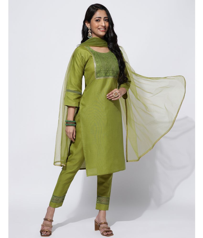     			Skylee Rayon Embroidered Kurti With Pants Women's Stitched Salwar Suit - Lime Green ( Pack of 1 )