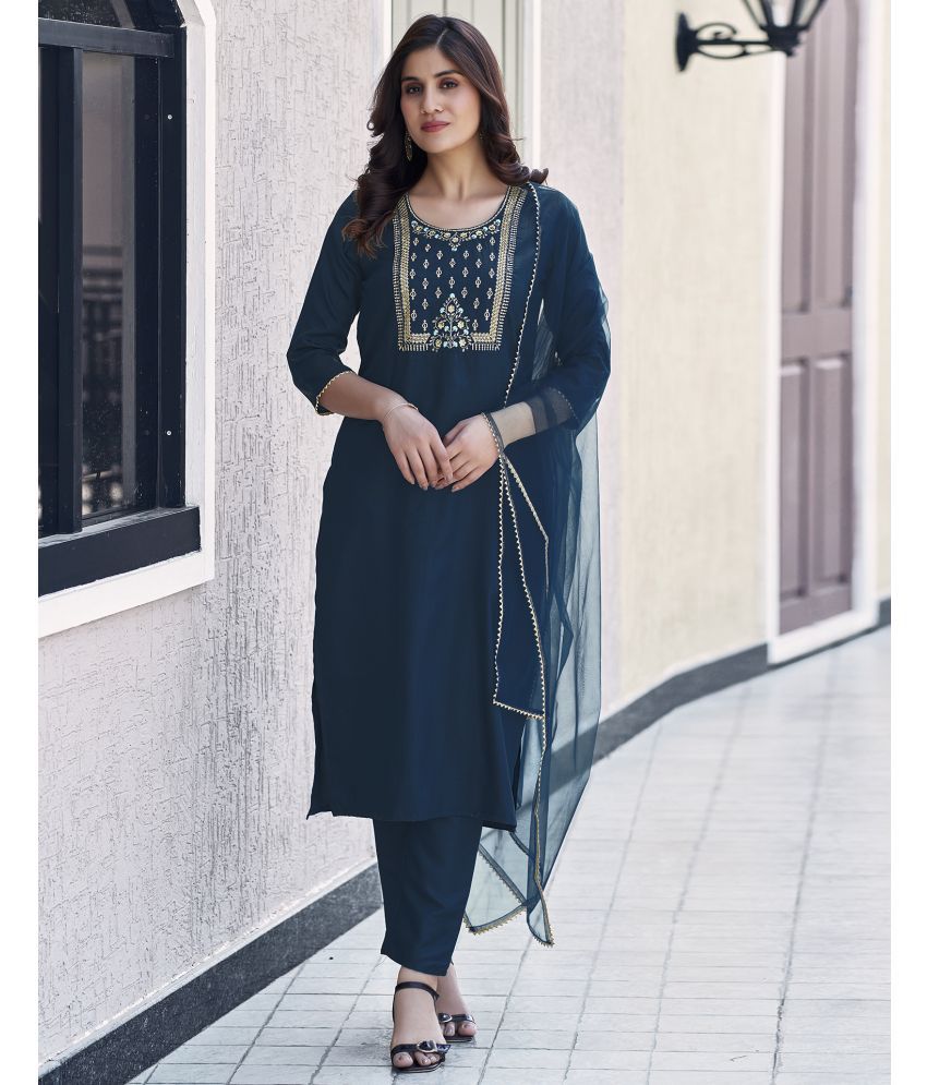     			Skylee Silk Blend Embroidered Kurti With Pants Women's Stitched Salwar Suit - Light Blue ( Pack of 1 )