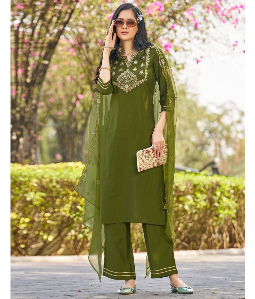     			Skylee Silk Blend Embroidered Kurti With Pants Women's Stitched Salwar Suit - Green ( Pack of 1 )