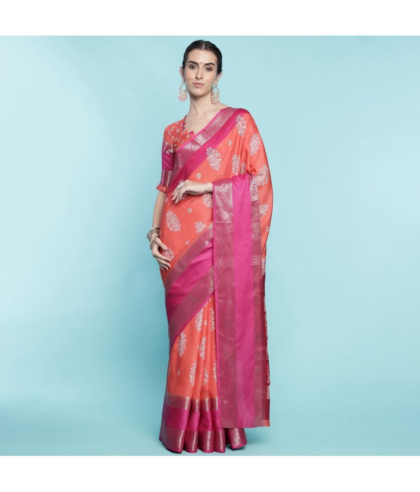     			Rekha Maniyar Fashions Silk Blend Printed Saree With Blouse Piece - Peach ( Pack of 1 )