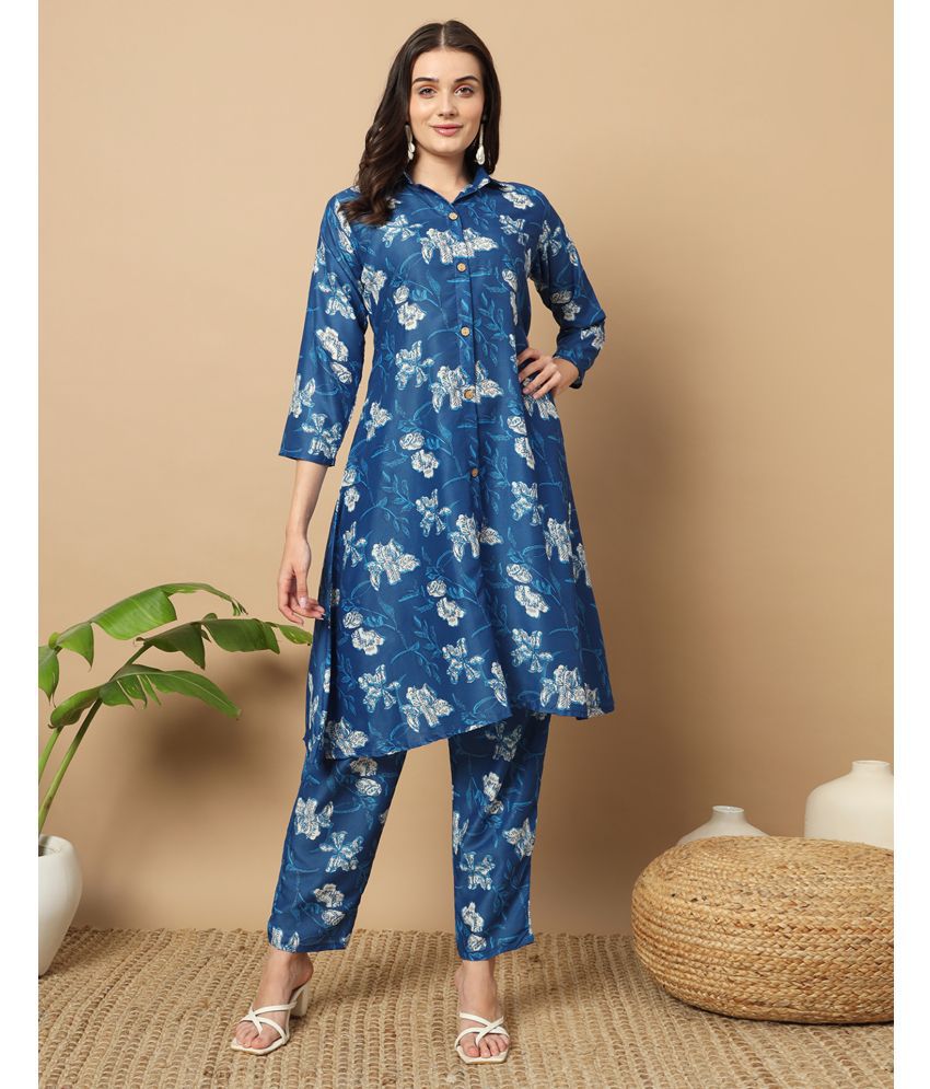     			Skylee Cotton Silk Printed Kurti With Pants Women's Stitched Salwar Suit - Navy Blue ( Pack of 1 )