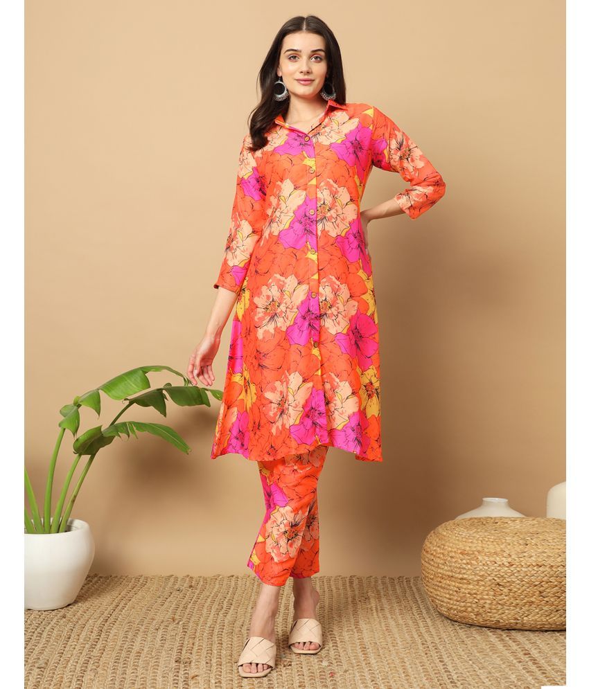     			Skylee Cotton Silk Printed Kurti With Pants Women's Stitched Salwar Suit - Orange ( Pack of 1 )