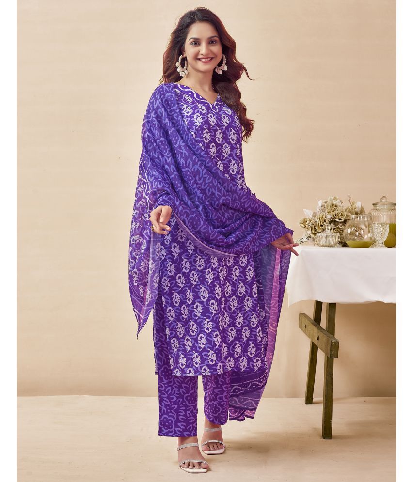     			Skylee Rayon Printed Kurti With Pants Women's Stitched Salwar Suit - Purple ( Pack of 1 )