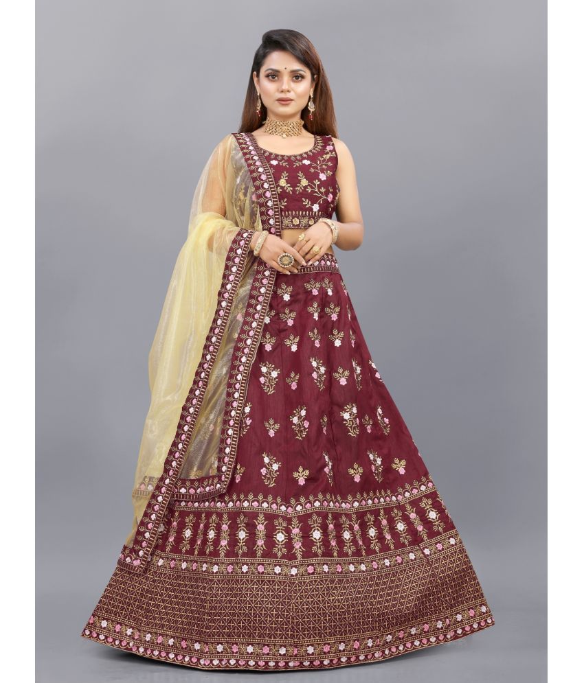     			Aika Maroon Silk Chaniya Choli Unstitched Lehenga Single