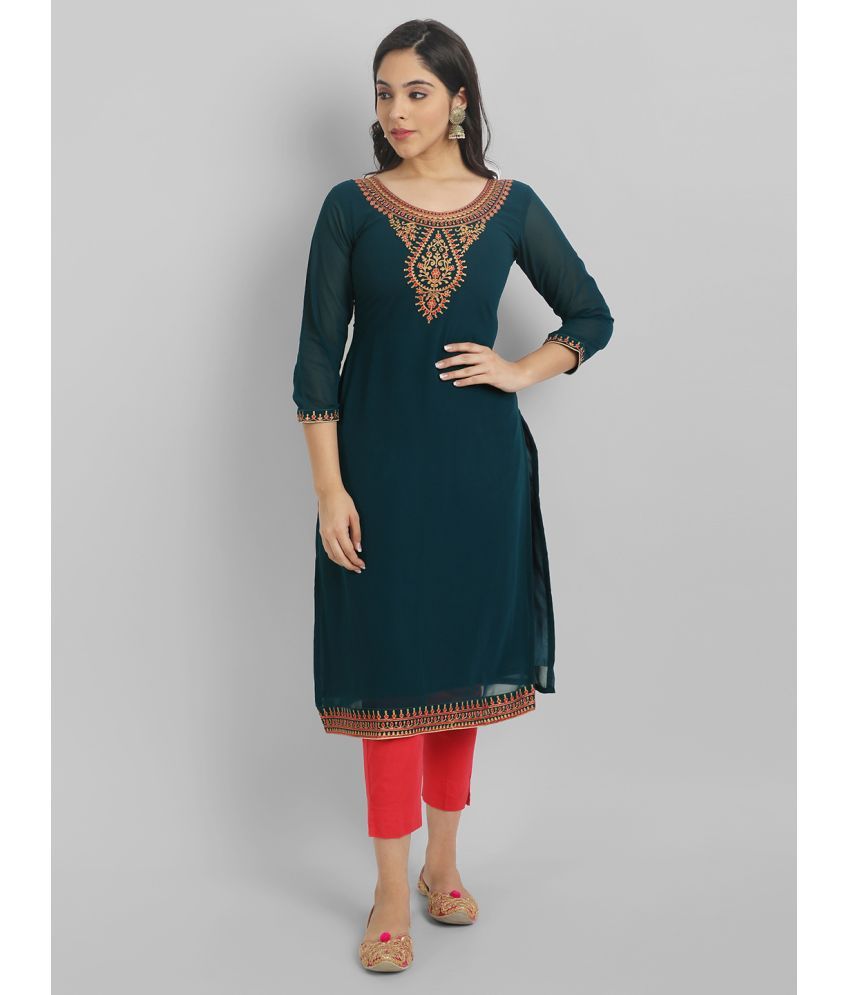     			Femvy Georgette Embroidered Straight Women's Kurti - Blue ( Pack of 1 )