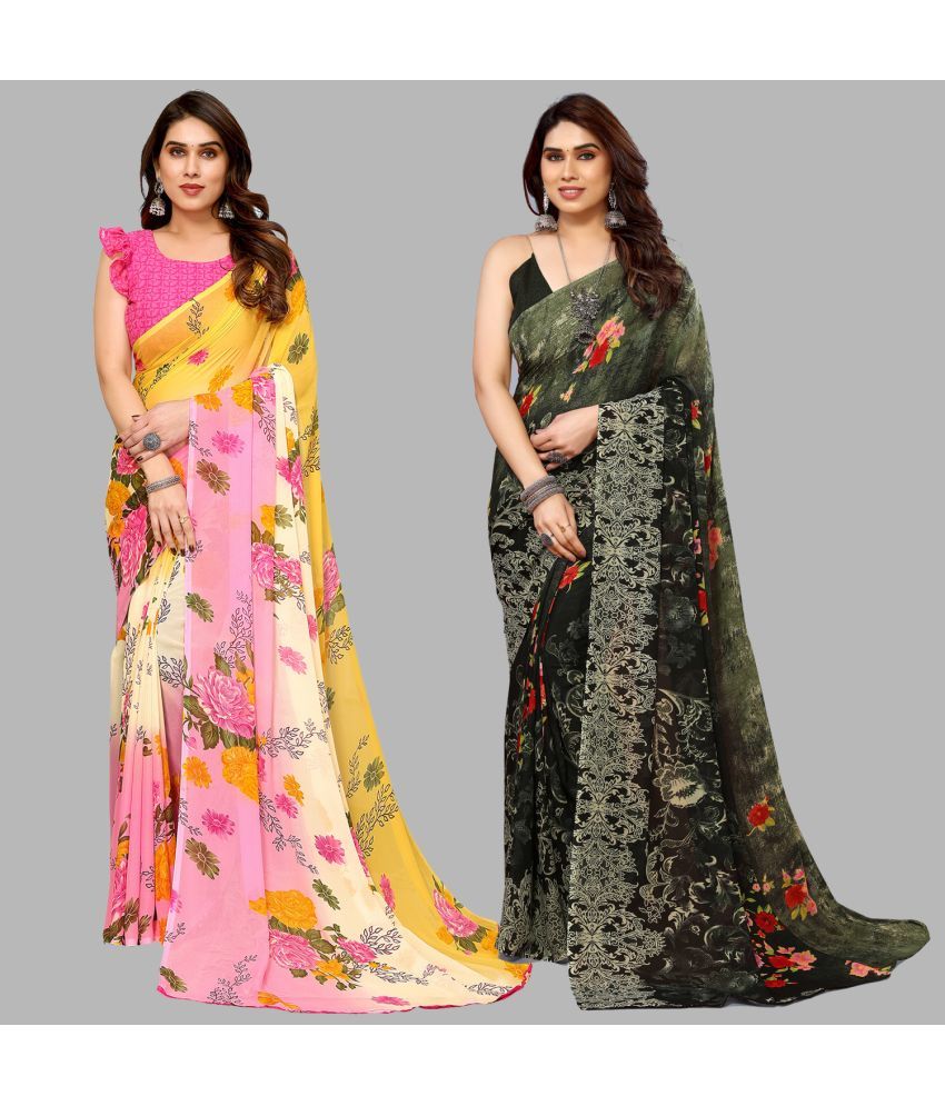     			Kashvi Sarees Georgette Printed Saree With Blouse Piece - Multicolor ( Pack of 2 )