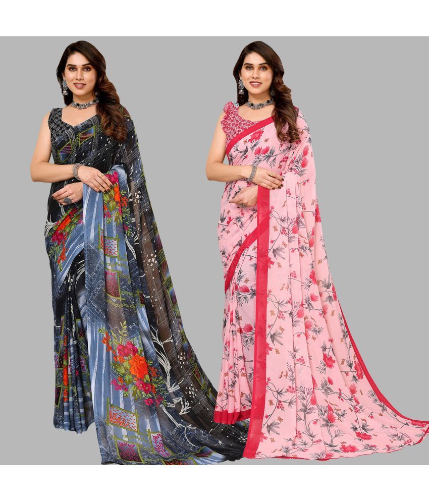     			Kashvi Sarees Georgette Printed Saree With Blouse Piece - Multicolor ( Pack of 2 )