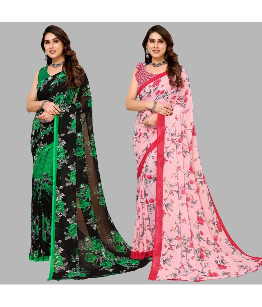     			Kashvi Sarees Georgette Printed Saree With Blouse Piece - Multicolor ( Pack of 2 )