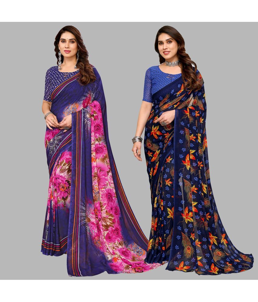     			Kashvi Sarees Georgette Printed Saree With Blouse Piece - Multicolor ( Pack of 2 )