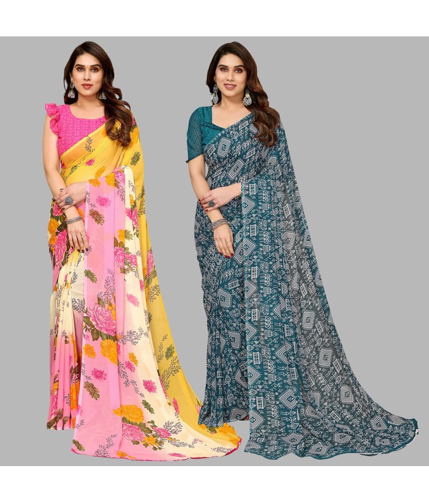     			Kashvi Sarees Georgette Printed Saree With Blouse Piece - Multicolor ( Pack of 2 )