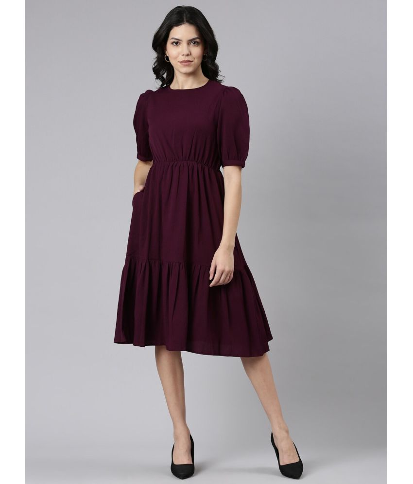     			RAIYANI FASHION Polyester Solid Midi Women's Fit & Flare Dress - Wine ( Pack of 1 )