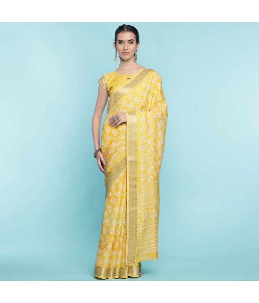     			Rekha Maniyar Fashions Silk Blend Woven Saree With Blouse Piece - Yellow ( Pack of 1 )