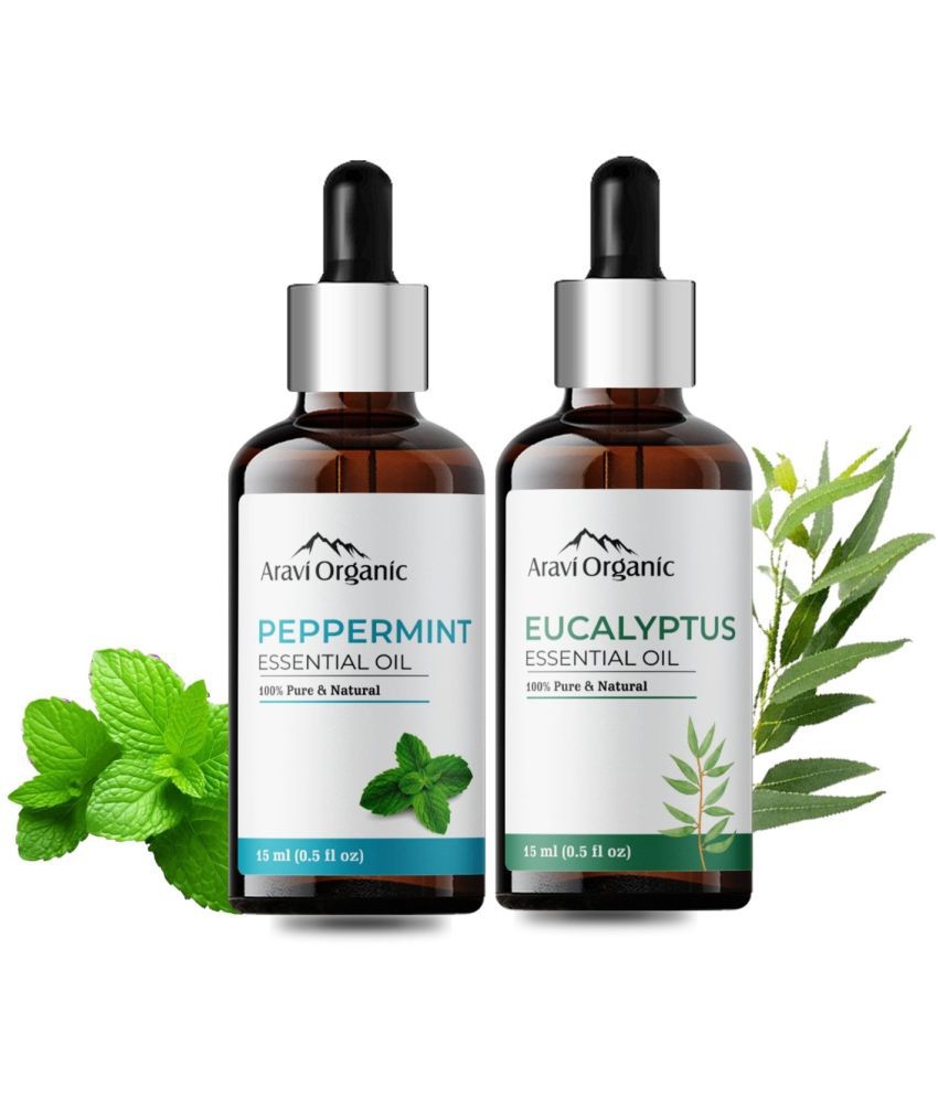     			Aravi Organic Peppermint & Eucalyptus Essential Oil Combo-100% Pure Therapeutic Grade Aromatherapy Oil for Skin, Hair, & Face - Natural Refreshing Scent-Pack Of 2 - 15 ml