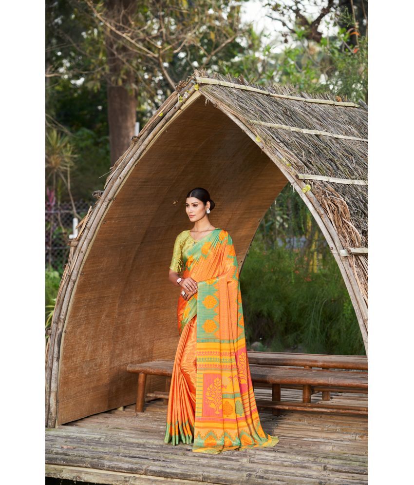     			Kandora Crepe Printed Saree With Blouse Piece - Mustard ( Pack of 1 )