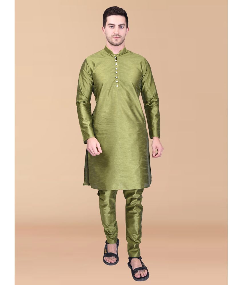     			PRINTCULTR Green Silk Regular Fit Men's Kurta Pyjama Set ( Pack of 1 )