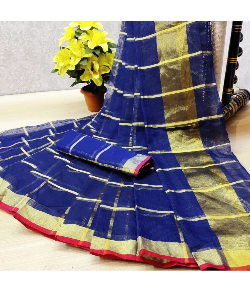     			Poshvariety Cotton Self Design Saree With Blouse Piece - Blue ( Pack of 1 )