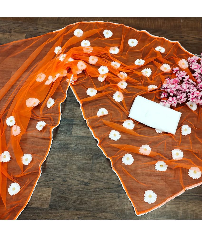     			Poshvariety Net Embroidered Saree With Blouse Piece - Orange ( Pack of 1 )