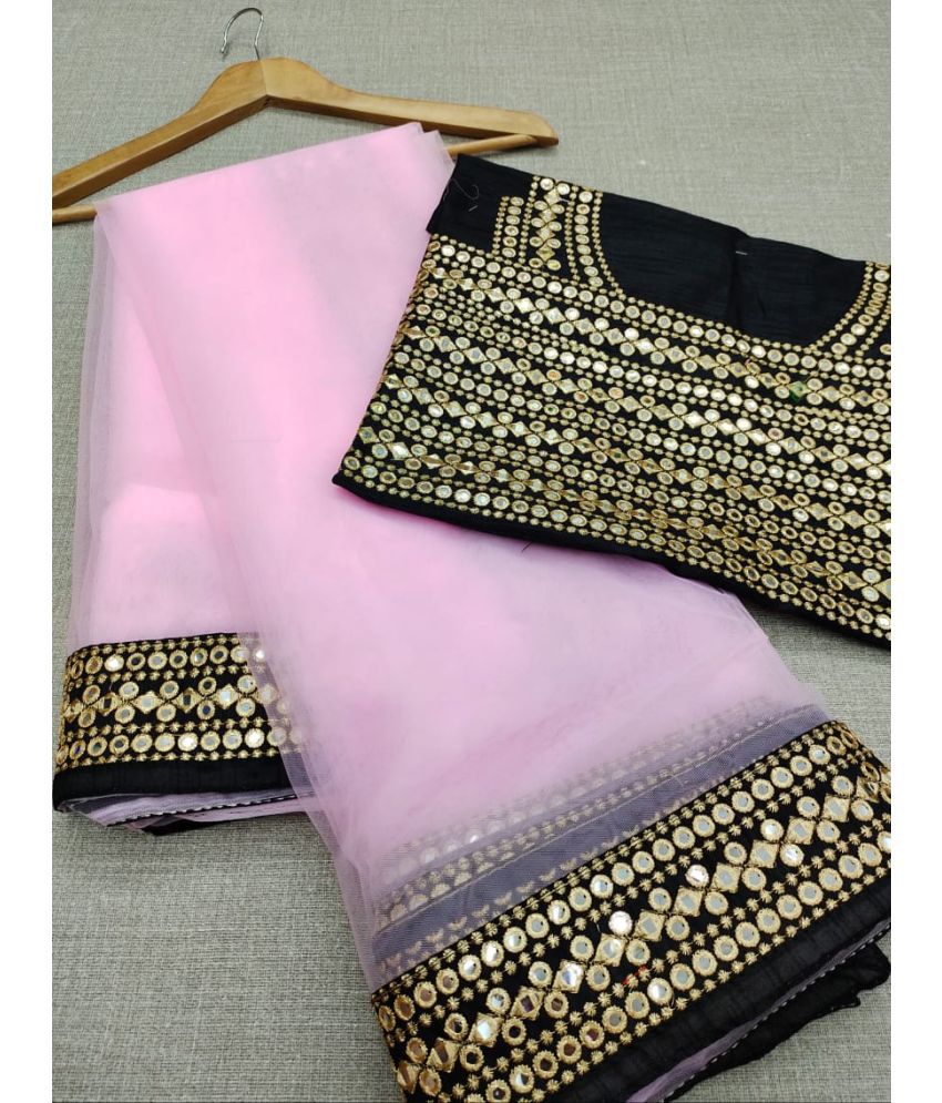     			Poshvariety Net Printed Saree With Blouse Piece - Pink ( Pack of 1 )