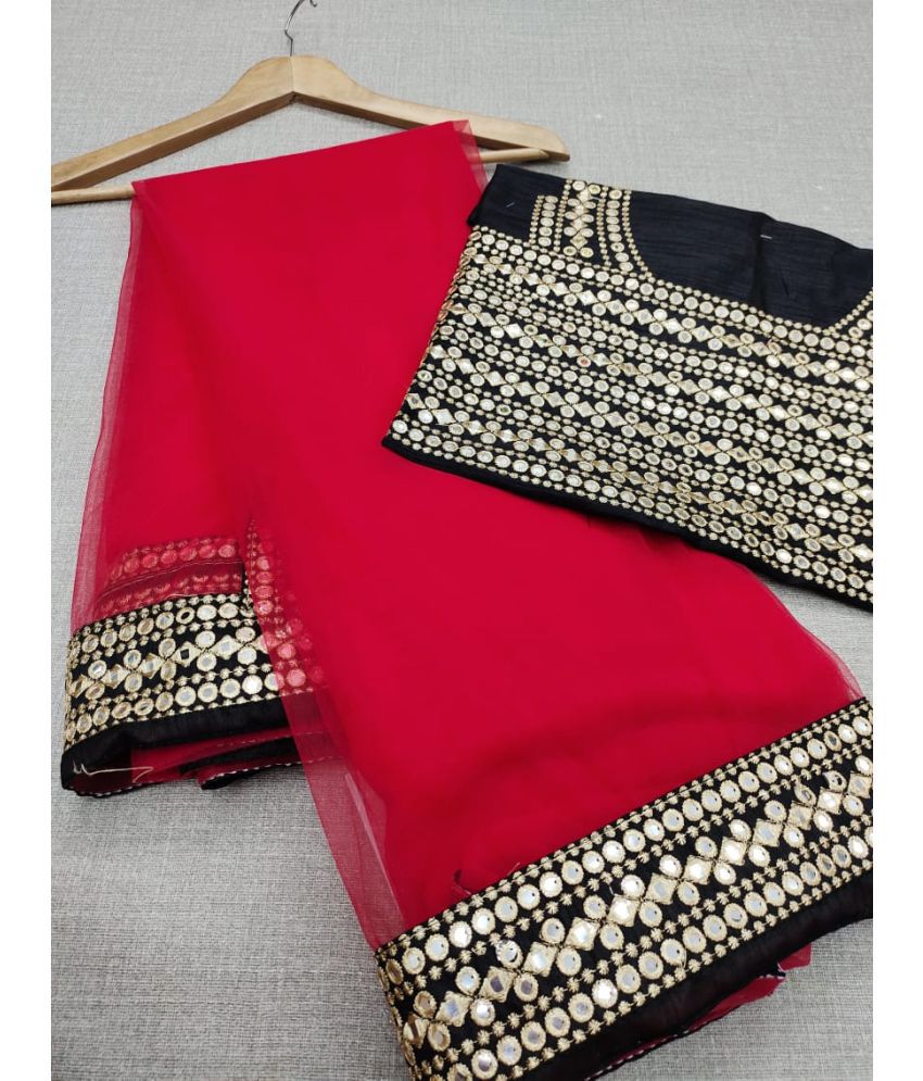     			Poshvariety Net Printed Saree With Blouse Piece - Red ( Pack of 1 )