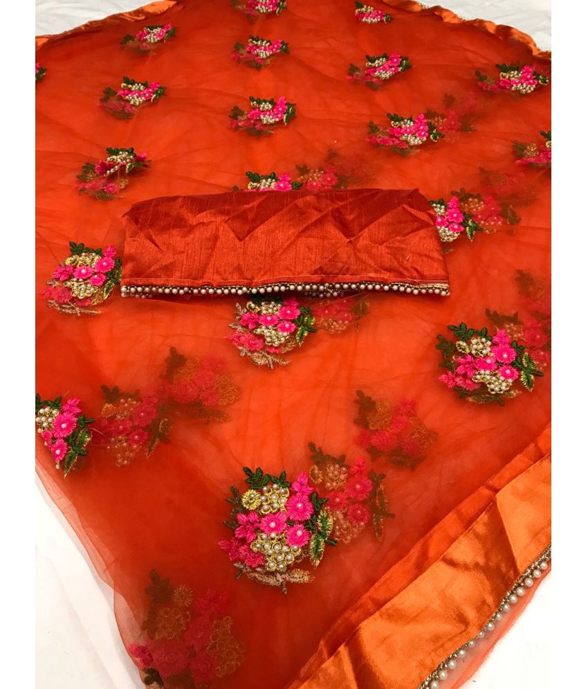     			Poshvariety Silk Embroidered Saree With Blouse Piece - Orange ( Pack of 1 )
